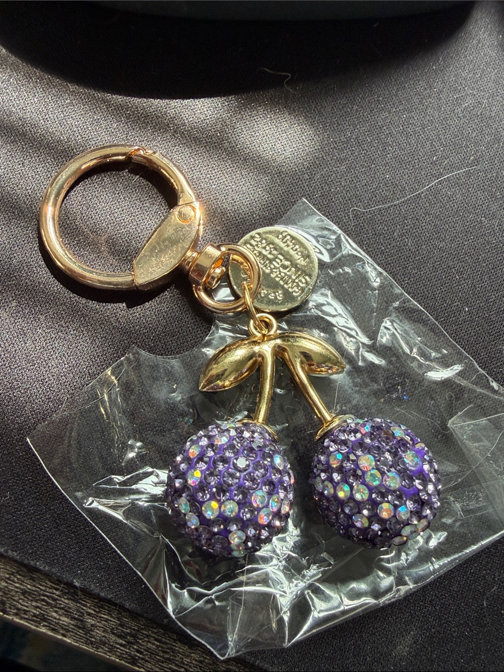 Gold-Tone Purple Crystal Cherry Keychain - Picture 2 of 4